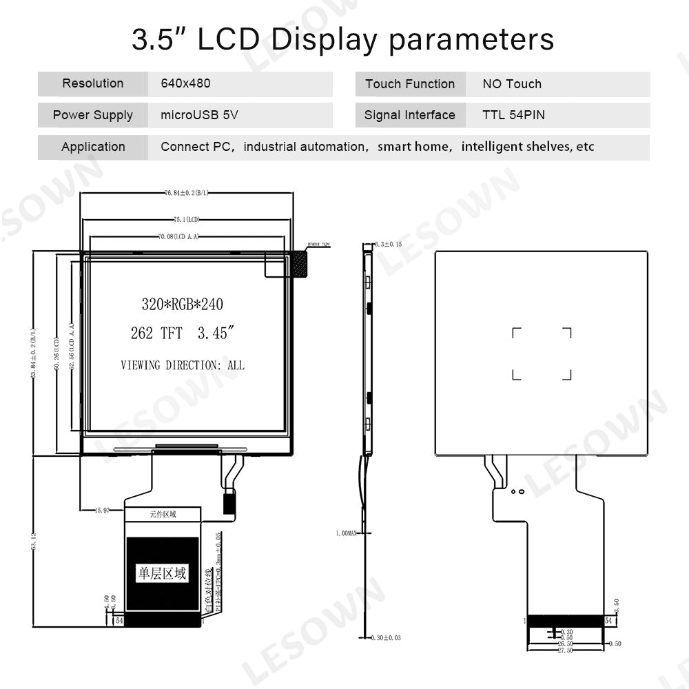 LESOWN M35-A01S 3.5 inch Small Screen LCD Panel Display 54PIN Resolution 640x480 HD IPS HDMI USB Powered Module for Computer PC Laptop
