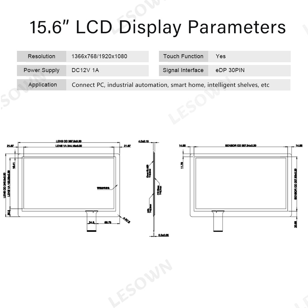 LESOWN M156-B01T 15.6 inch Laptop Screen 1920x1080 IPS HDMI VGA USB Touchscreen Display eDP 30PIN Interface LCD Panel Module for PC