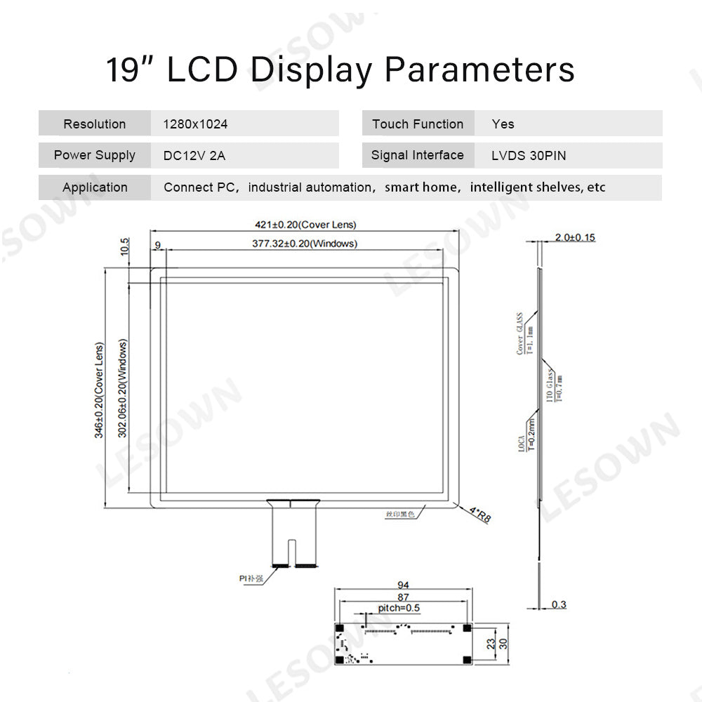 LESOWN M190-A01T Touch Wide Screen 19 inch HDMI VGA Interface 1280x1024 IPS LCD Panel LVDS 30PIN Display External Secondary Module