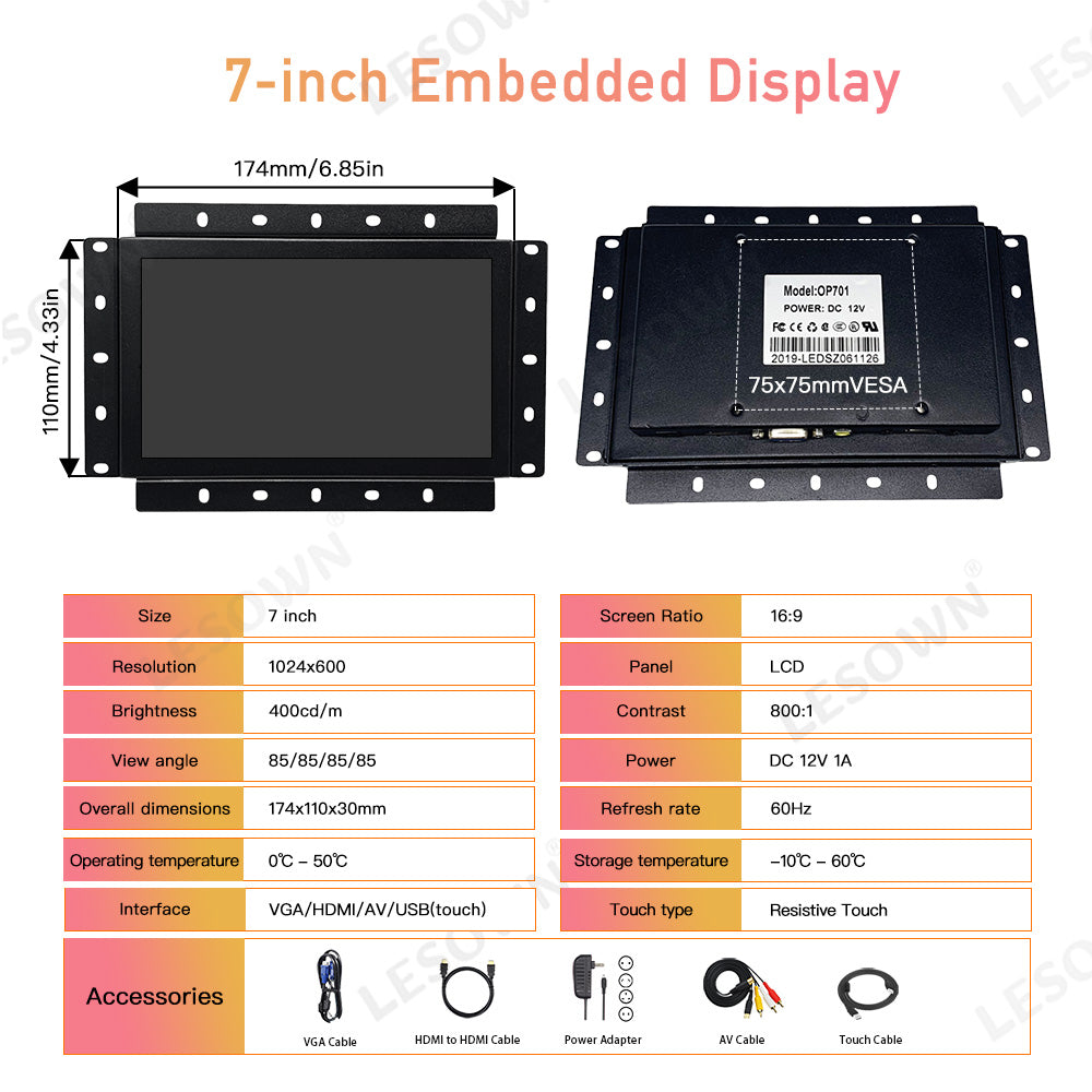 LESOWN E70-G02GBR 7 Inch Open Frame Laptop Touchscreen Monitor Industrial Embedded Display VGA/HDMI/AV/USB(touch) Interface 1024x600 IPS