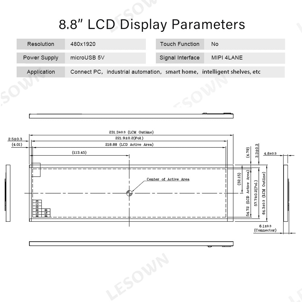 LESOWN M88-A01S/M88-A01T 8.8" Bar Monitor 480x1920 IPS Stretched LCD Expand Display for PC Case Raspberry Pi AIDA64