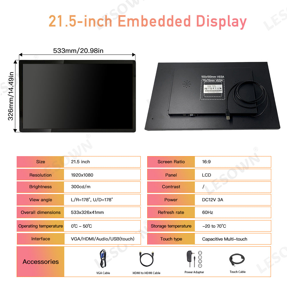 LESOWN E215-C01GBT Embedded 21.5 Inch 1080p Industrial Monitor 1920x1080 IPS Touch Monitor Panel Mount with VGA/HDMI/Audio/USB(touch) for TV