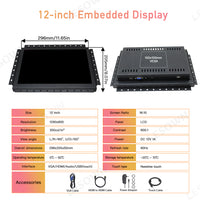 LESOWN E120-C03GBR High-Durability 12in 1280x800 16:10 Industrial Embedded Open Frame Monitor with VGA/HDMI/USB/Audio for Harsh Environments