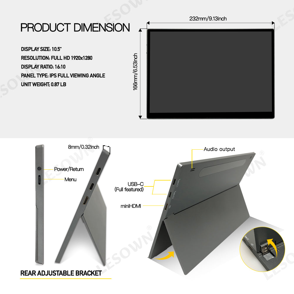 LESOWN P105KPT 10.5" Portable Monitor 1920x1280 IPS 100% sRGB 10-Point Touchscreen USB-C HDMI Lightweight Travel Display with Speakers