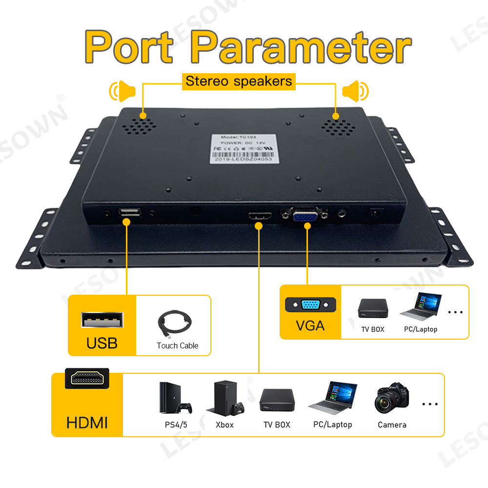 LESOWN E101-C01GBTE Small Embedded 10.1 Inch Display 600-1000cd/m² 1280x800 IPS LCD Screen with VGA/HDMI/USB(touch) for TV CCTV