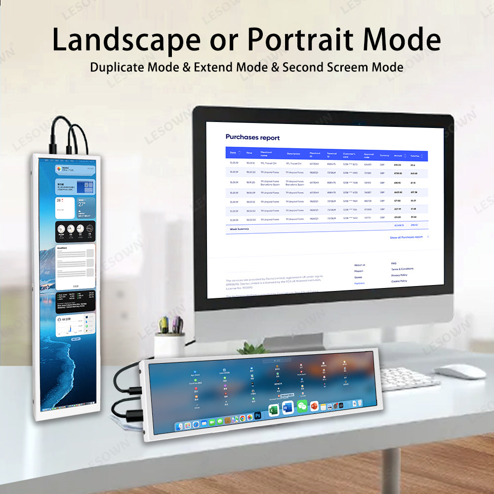 LESOWN P88W Stretched Monitor 8.8 inch IPS widescreen 480x1920 Portable Monitor Laptop PC Screen Extender