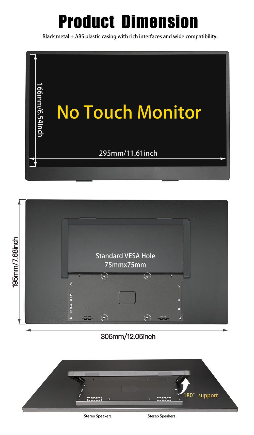 LESOWN P116KPS 11.6 inch 768P Portable Monitor 60Hz Wide Screen USB-C Display with Holder for Laptop Phone Xbox PS4 PS5 Switch