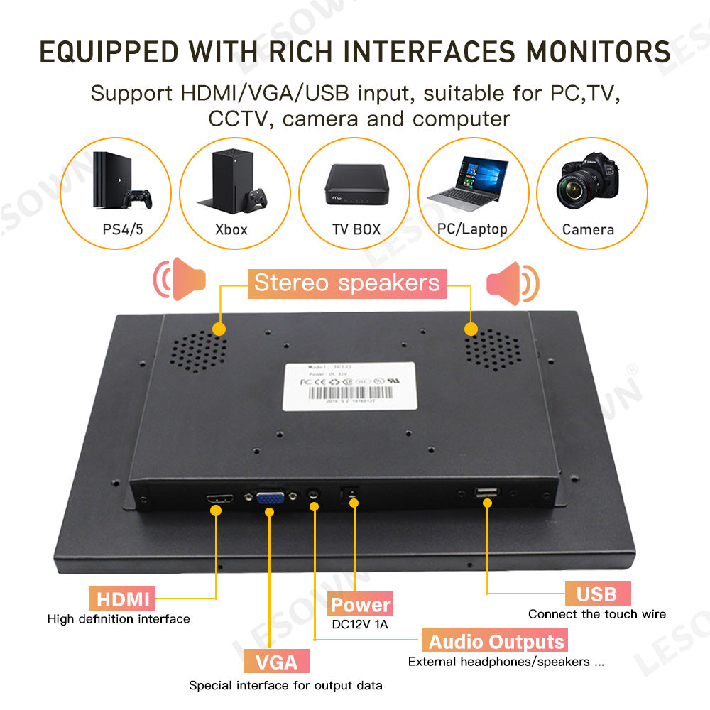 LESOWN E133-C01GBT Embedded Display 13.3 Inch 1920x1080 IPS Industrial LCD Monitor 60Hz 16:9 300cd/m2 with VGA/HDMI/Audio/USB(touch) for PC