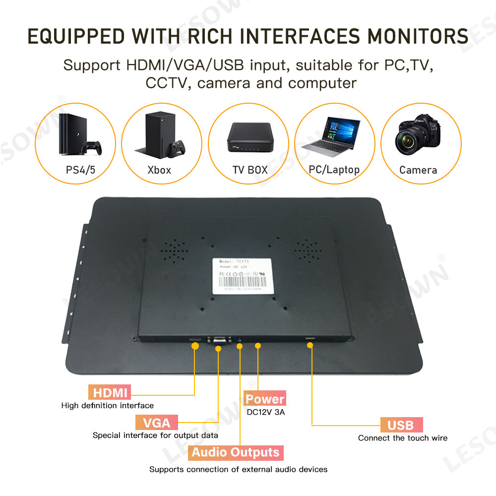 LESOWN E173-C01GBT Open Frame 17.3in Embedded Industrial Panel-Mount Monitor 1080p Touchscreen with VGA/HDMI/Audio/USB(touch) for Laptop