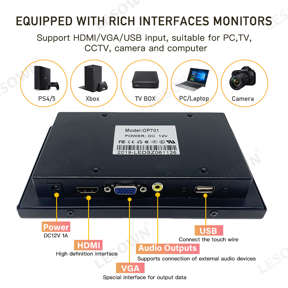 LESOWN E70-G02GBR 7 Inch Open Frame Laptop Touchscreen Monitor Industrial Embedded Display VGA/HDMI/AV/USB(touch) Interface 1024x600 IPS