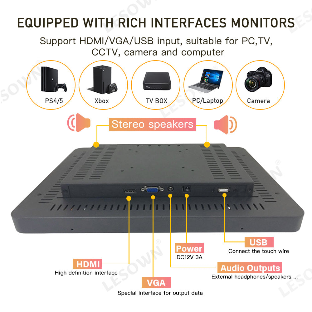 LESOWN E150-C02GBT-2 Touchscreen 15 Inch Embedded Display 1024x768 IPS IP65 Screen with 10 Points Touch Display with VGA/HDMI/Audio/USB(touch)