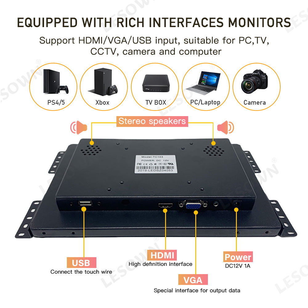 LESOWN E101-C01GBT 10.1 Inch 1280x800 High-brightness display 300cd/m² Embedded Monitor Panel Mount Display for PC TV CCTV
