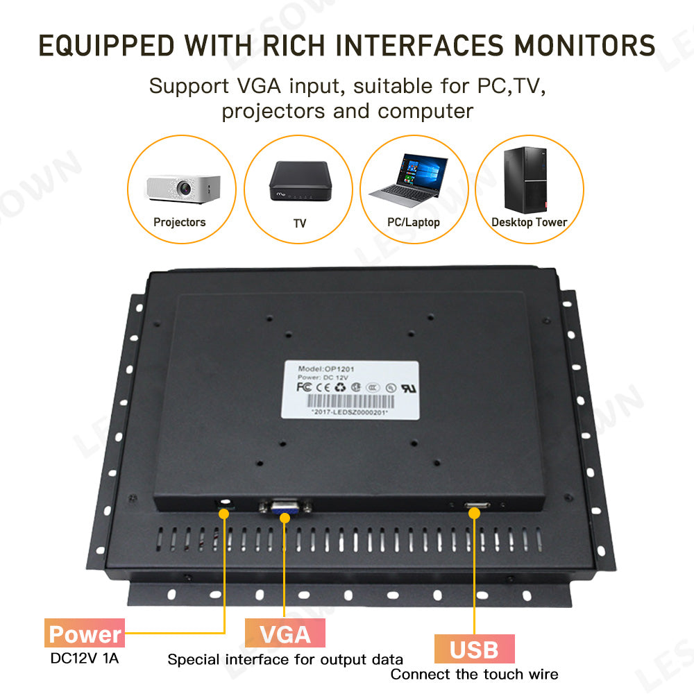 LESOWN E120-A01GBR Embedded Display Raspberry Pi 12 Inch 1024x768 LCD Open Frame Touch Monitor Panel Mount for Factory Automation TV CCTV PC