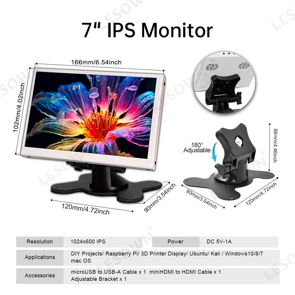 LESOWN 7 inch 1024×600 IPS 5-Point Touchscreen Display with Stand – HDMI/microUSB, Plug & Play N70-A01GWS