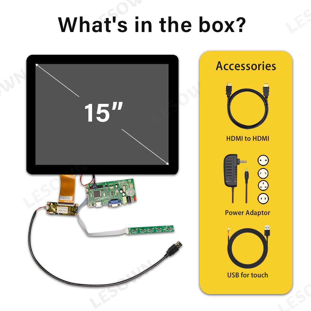 LESOWN M150-A01T HD 1024x768 IPS Wide Screen 15 inch 1500:1 Full Viewing HMDI VGA LCD Touchscreen Display Module for Intelligent Central Control
