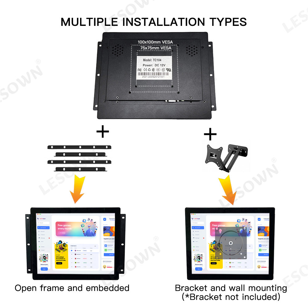 LESOWN E104-C01GBT Compact 10.4in 1024x768 LCD Open Frame Touch Embedded Display 300cd/m² Capacitive Multi-Touchscreen for CCTV