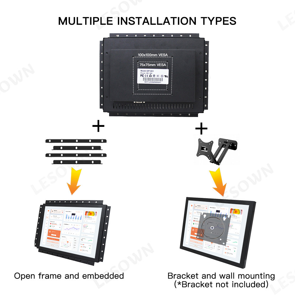 LESOWN E120-A01GBR Embedded Display Raspberry Pi 12 Inch 1024x768 LCD Open Frame Touch Monitor Panel Mount for Factory Automation TV CCTV PC