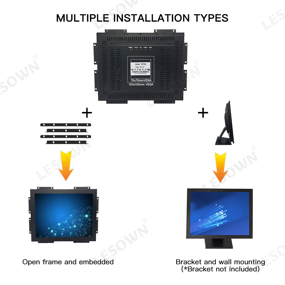 LESOWN E150-C01GBR Rugged Touchscreen Embedded Display 15 Inch 1024x768 LCD Open Frame Industrial Monitor with VGA HDMI Audio USB for Laptop