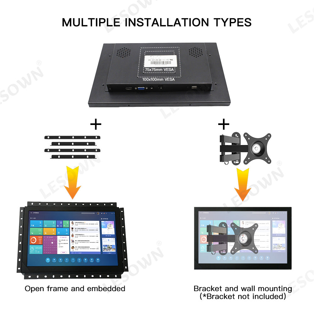 LESOWN E133-C01GBT Embedded Display 13.3 Inch 1920x1080 IPS Industrial LCD Monitor 60Hz 16:9 300cd/m2 with VGA/HDMI/Audio/USB(touch) for PC