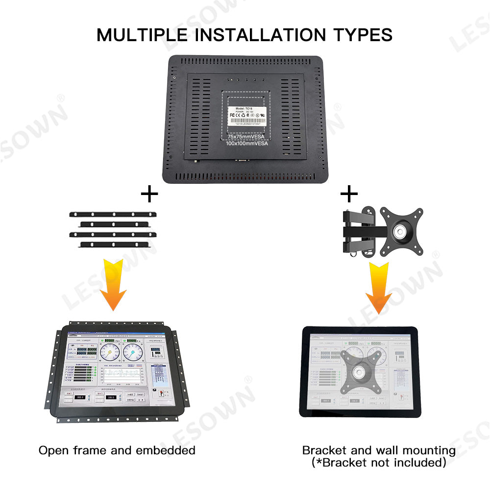 LESOWN E150-C02GBT-2 Touchscreen 15 Inch Embedded Display 1024x768 IPS IP65 Screen with 10 Points Touch Display with VGA/HDMI/Audio/USB(touch)