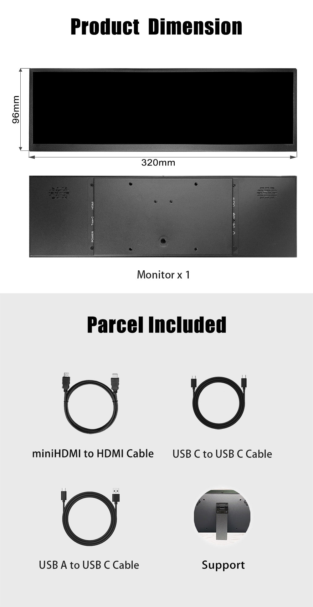 LESOWN P126GPS 12.6 inch Secondary Screen 1920x515 IPS HDMI Bar LCD Monitor