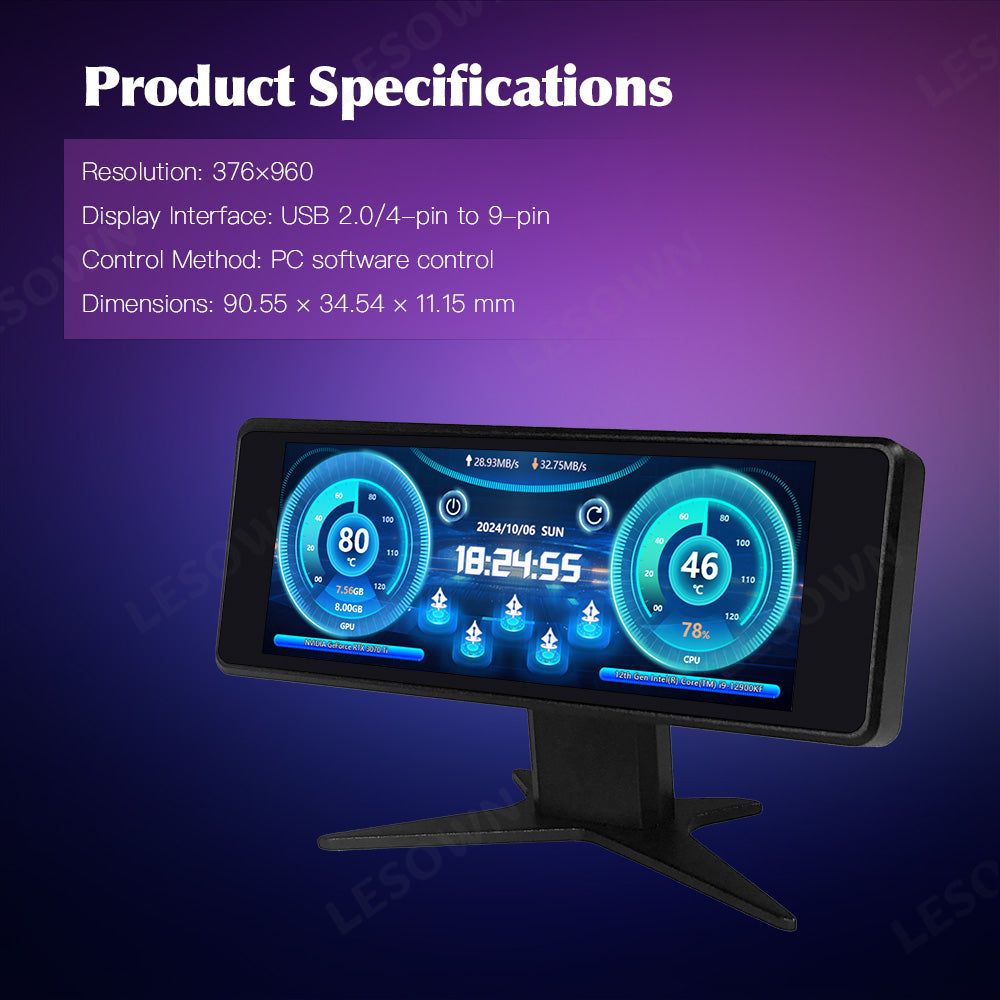 LESOWN P34FB P34FW 3.4 Inch Stretched Strip Display 376x960 LCD External Expansion Display CPU Hardware Temperature Monitor for Laptop PC