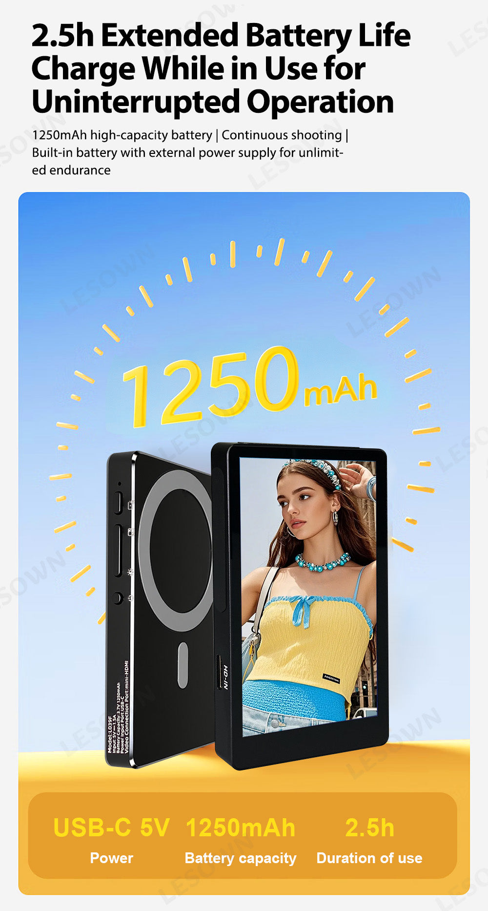 LESOWN P40MB 4 Inch 480x800 IPS LCD Small Wireless Selfie Monitor  Magnetic Phone Vlog Selfie Monitor Screen for iPhone & Android