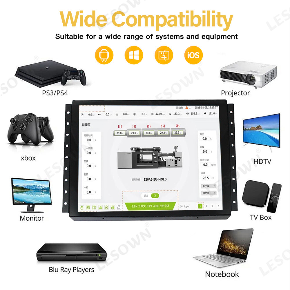 LESOWN E150-C02GBT-1 15 Inch Industrial Open Frame Embedded Display 1024x768 IPS LCD Capacitive Multi-Touchscreen for CCTV Digital Signage
