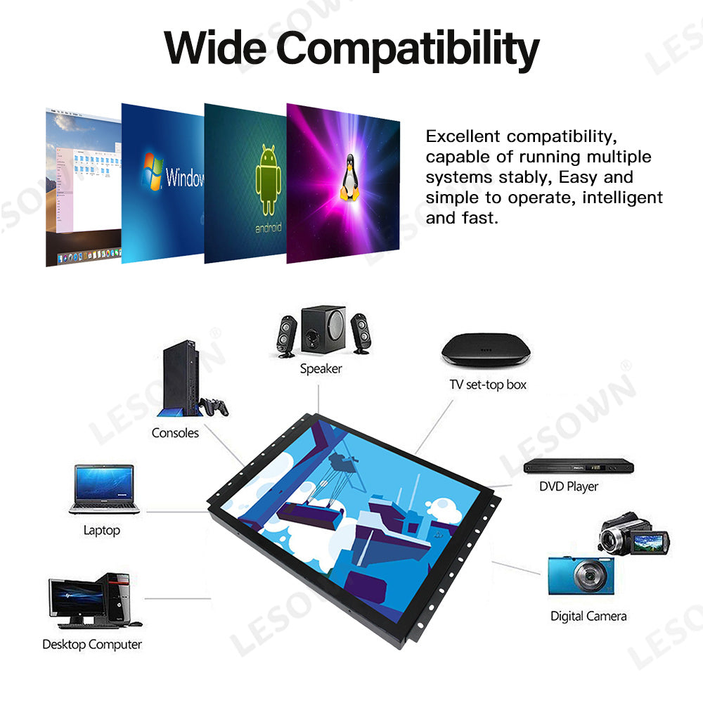 LESOWN E150-C02GBT-2 Touchscreen 15 Inch Embedded Display 1024x768 IPS IP65 Screen with 10 Points Touch Display with VGA/HDMI/Audio/USB(touch)
