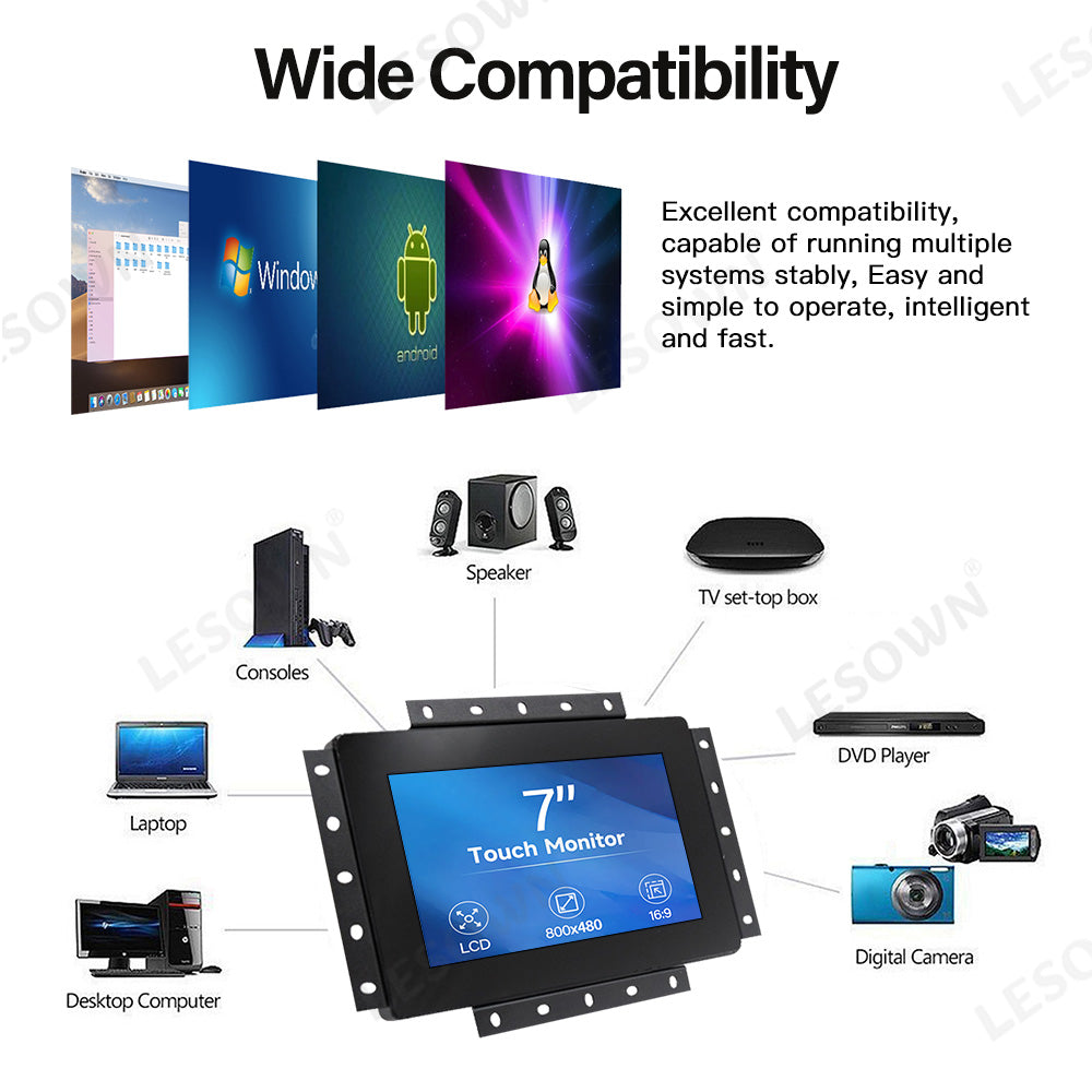 LESOWN E70-C01GBT Compact 7 Inch 800x480 LCD Open Frame Touchscreen Monitor Capacitive Touch Embedded Display 16:9 300cd/m2 60Hz for Laptop