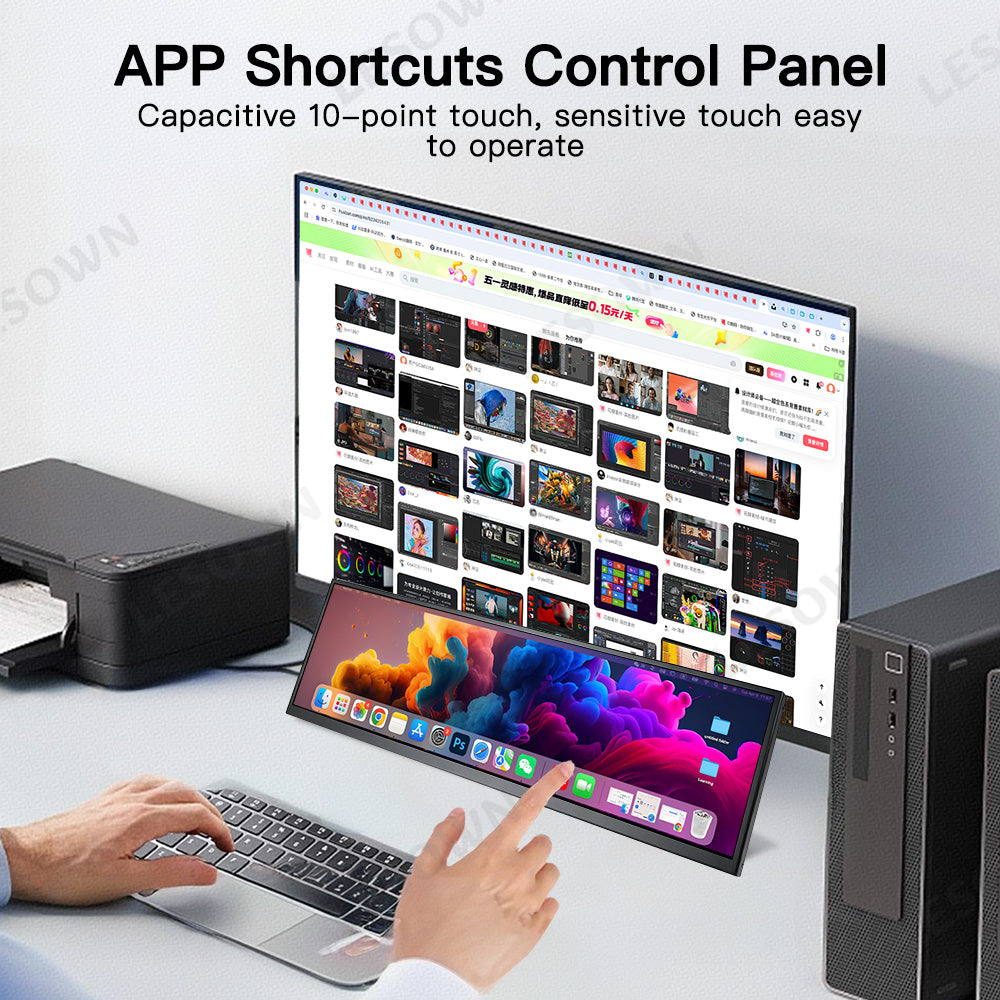 LESOWN P141GPS 14.1 Inch Bar Monitor, 1920x550 IPS HDMI Portable Display, PC Temp Sensor Panel for Computer Case Secondary Screen，IPS 1920x550