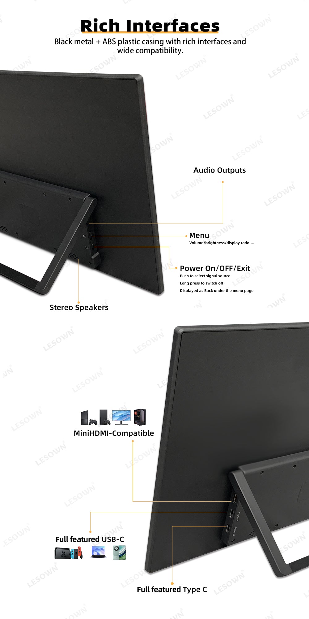 LESOWN P133K 13.3 inch 4K Portable Monitor UHD 3840x2160 IPS LCD Touchscreen VESA Extension Display for XBox PS4/5 Switch PC Laptop
