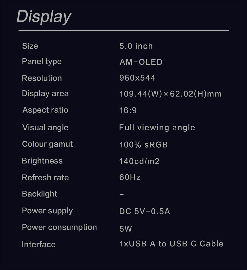 LESOWN P50F mini Monitor 5 inch 100%sRGB USB Connect OLED 6500:1 Contrast Small Extended Screen Display Driver Need