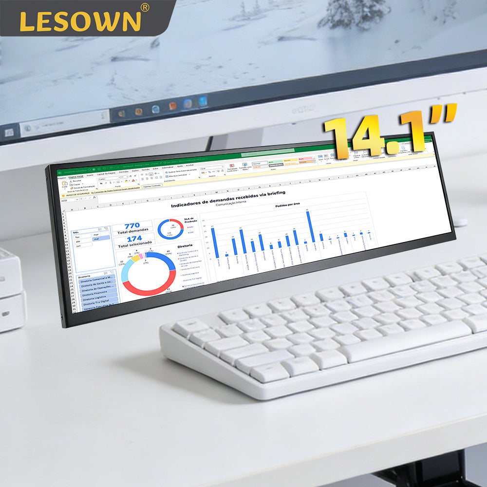 LESOWN P141GPS 14.1 Inch Bar Monitor, 1920x550 IPS HDMI Portable Display, PC Temp Sensor Panel for Computer Case Secondary Screen，IPS 1920x550