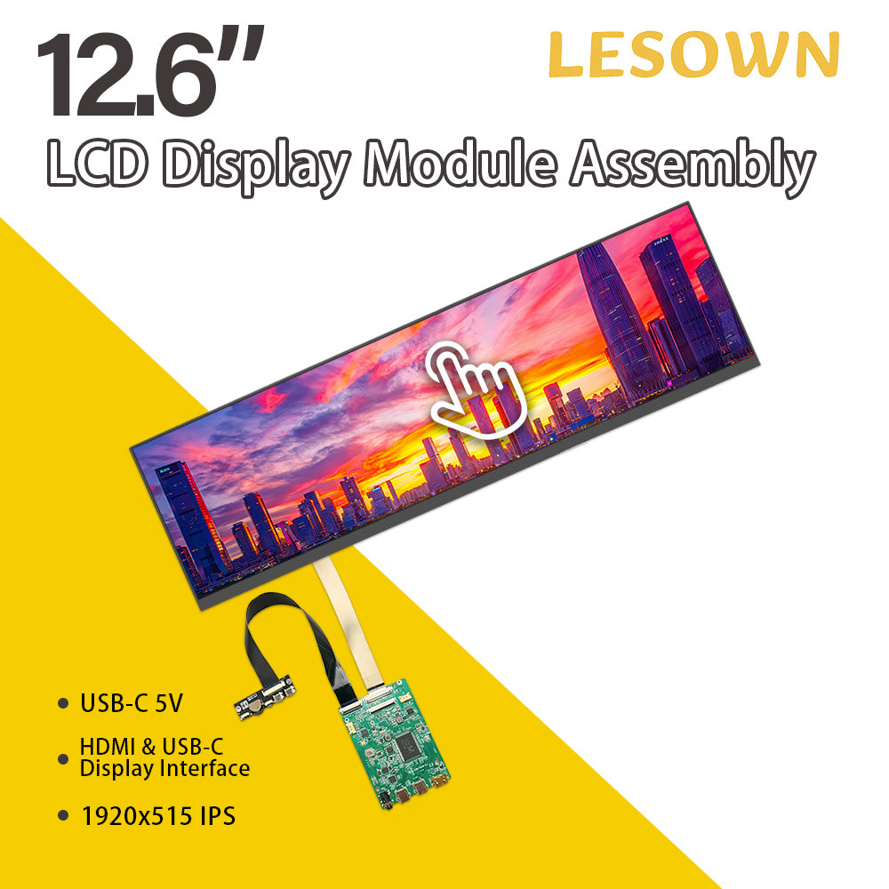 LESOWN M126-A01S 12.6 inch Bar Screen 1920x515 LCD Display Capacitive Touch IPS 1200:1 USB-C HDMI Modules with Driver Board eDP 30PIN Interface
