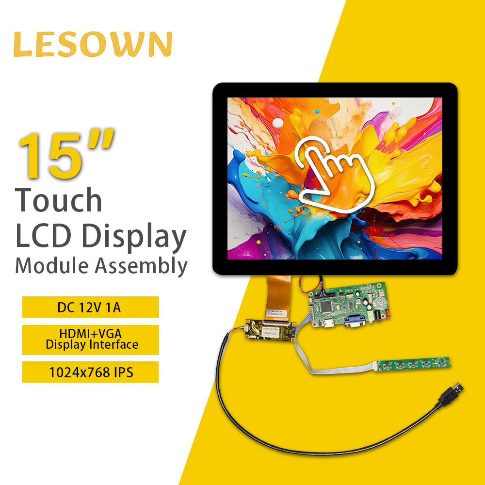 LESOWN M150-A01T HD 1024x768 IPS Wide Screen 15 inch 1500:1 Full Viewing HMDI VGA LCD Touchscreen Display Module for Intelligent Central Control