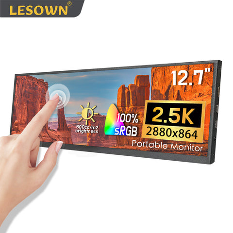 LESOWN P127GHR/P127GHTR 12.7 inch Touchscreen LCD Wide Bar Portable Monitor 2K HDMI Type C IPS Secondary Monitor for Stock Market Ticker Display