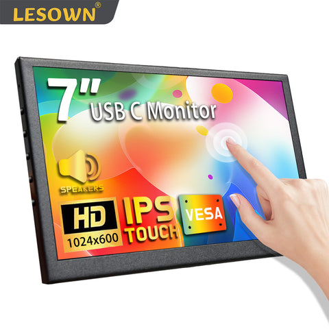 LESOWN mini USB C Monitor Wide LCD Touchscreen 7 inch IPS 1024x600 HDMI with Speakers Secondary Monitor for Windows Mas Laptop