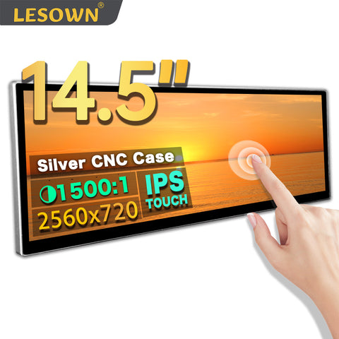 LESOWN P145FHT 14.5 inch Stretched Bar LCD Screen 2560x720 IPS 1500:1 USB C Touchscreen HDMI Display with Speakers Silvery CNC Shell Secondary Monitor