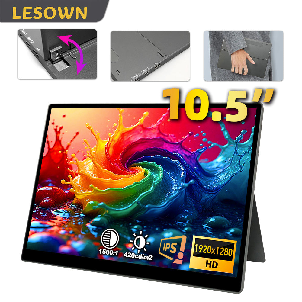 LESOWN P105KPT 10.5" Portable Monitor 1920x1280 IPS 100% sRGB 10-Point Touchscreen USB-C HDMI Lightweight Travel Display with Speakers