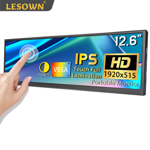 LESOWN 12.6 inch USB C Stretched Bar LCD Monitor mini HDMI Touchscreen Portable Display Extended Screen for PC Smart Phone