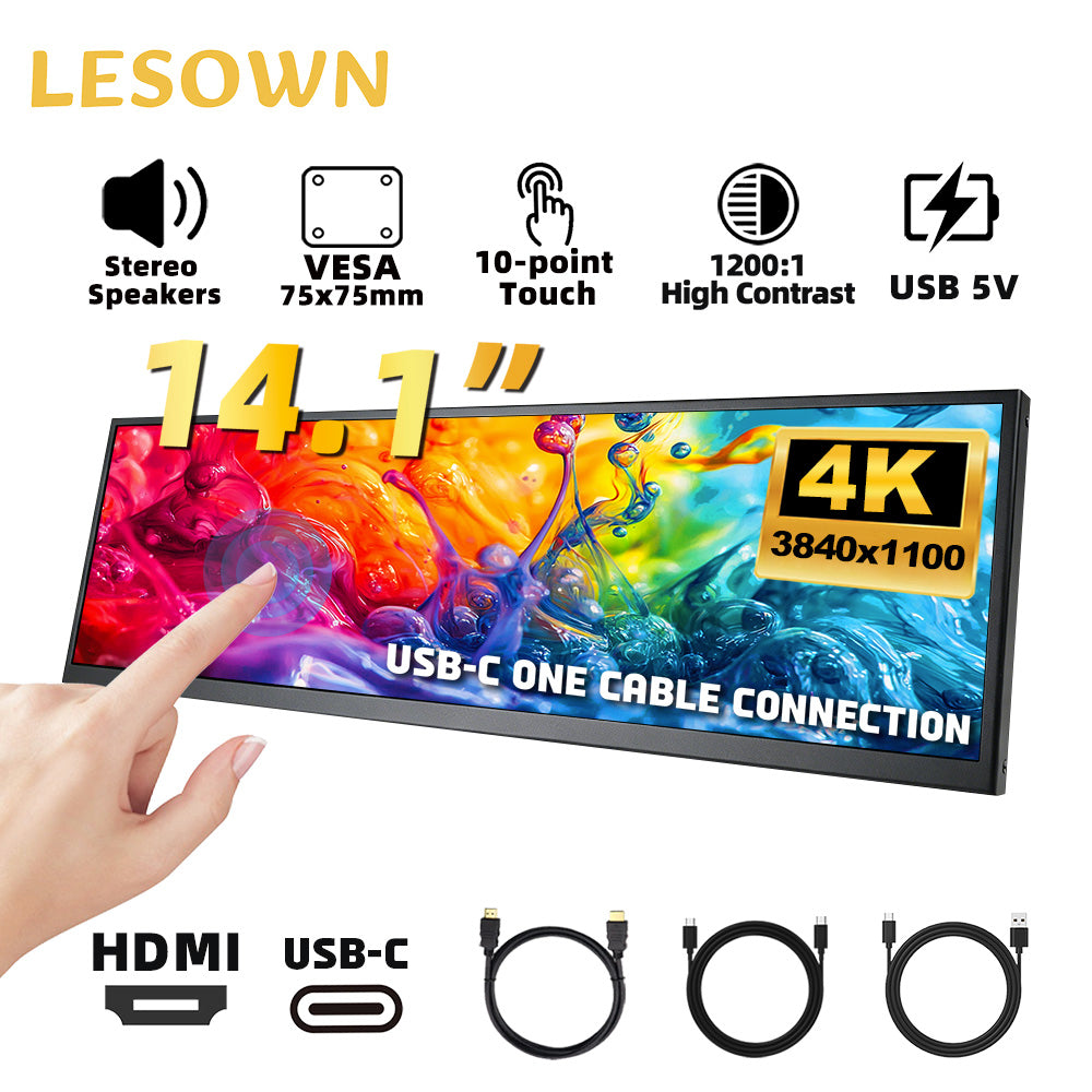 LESOWN P141GMT 14.1 inch 4K Long Bar Monitor Wide Touch USB C HDMI PC External Bar Monitor