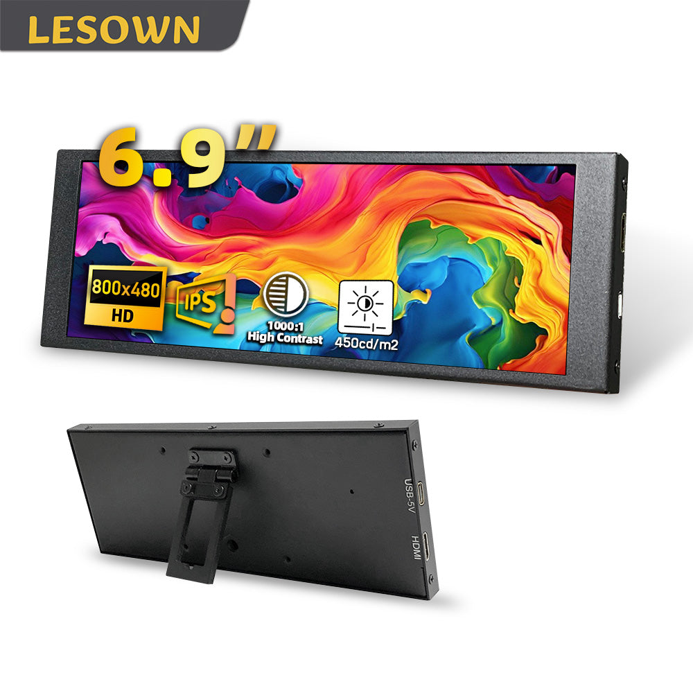 LESOWN P69 6.9 inch Additional Long HDMI Monitor for RPi 1280x480 IPS Bar LCD Display PC Temperature Monitoring Aida64