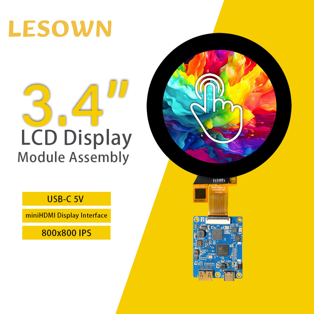 LESOWN M34-A01T 3.4 inch mini Touch Screen HD 800x800 IPS HDMI USB C LCD Panel Module Circular Display with Driver Board for Laptop