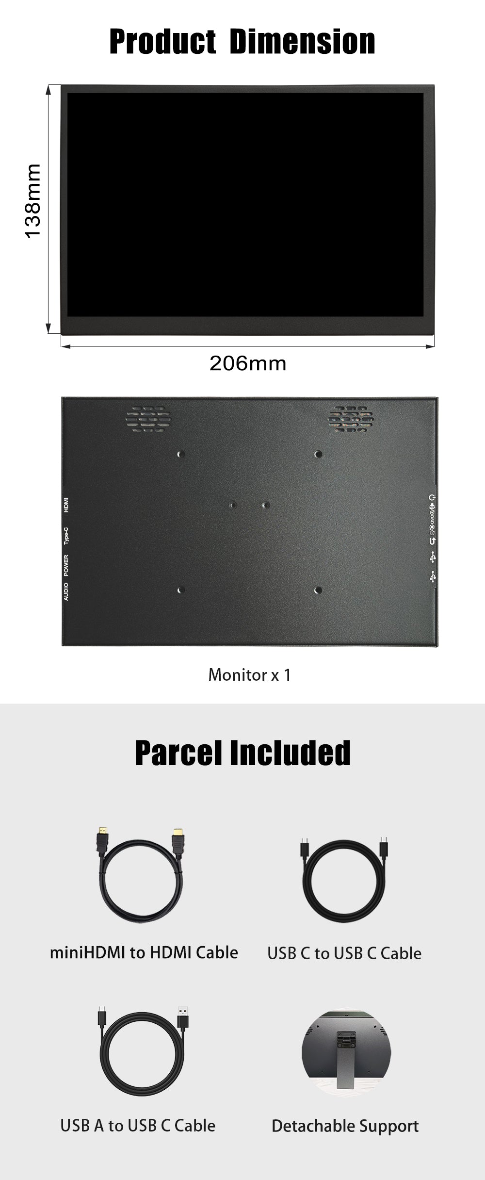 LESOWN P89GPT 8.9 inch Portable USB C Monitor IPS 1920x1200 Touch Small Sub HDMI Display