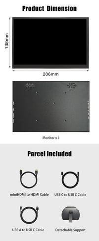 LESOWN P89GPT 8.9 inch Portable USB C Monitor IPS 1920x1200 Touch Small Sub HDMI Display