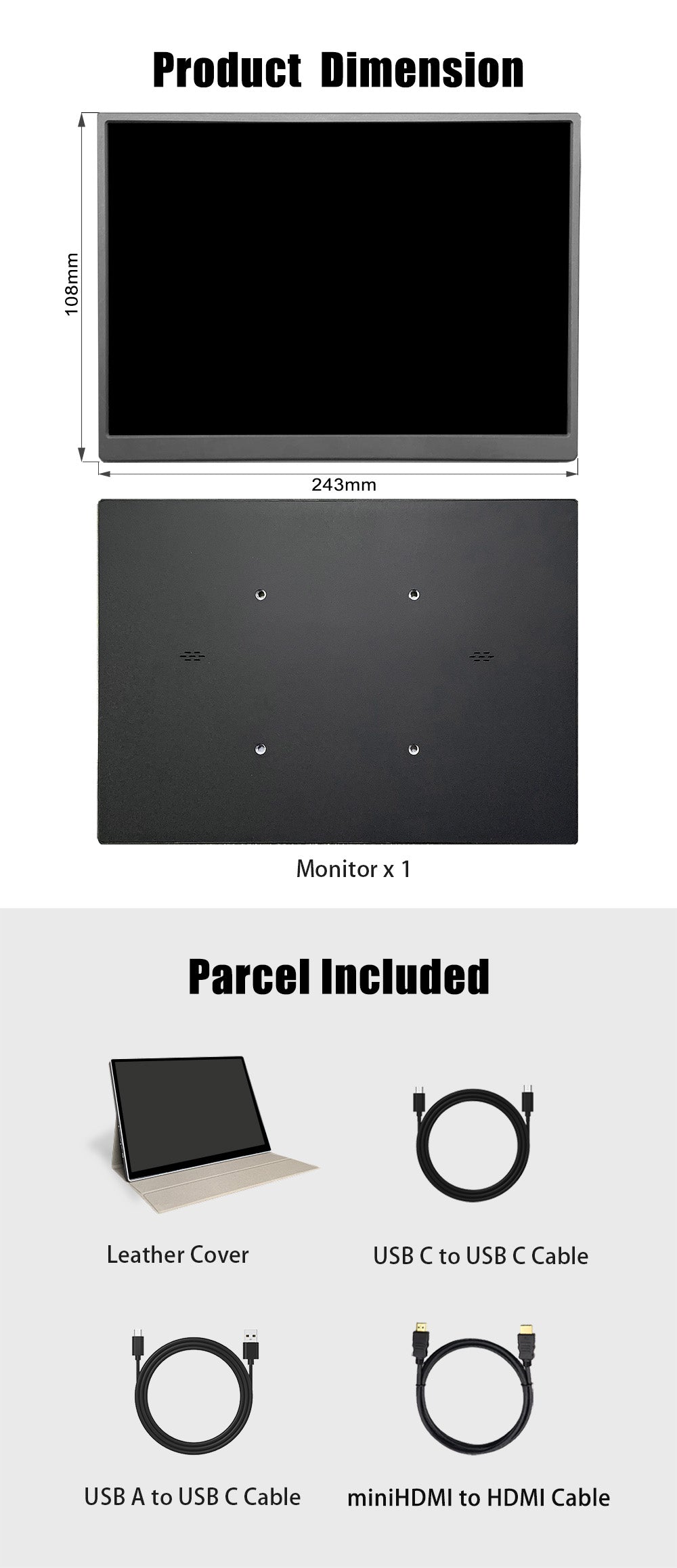 LESOWN P105KPT/P105KPS 10.5 inch 100%sRGB USB C Portable Monitor 1500:1 16:10 IPS Gaming Laptop PC Second Monitor