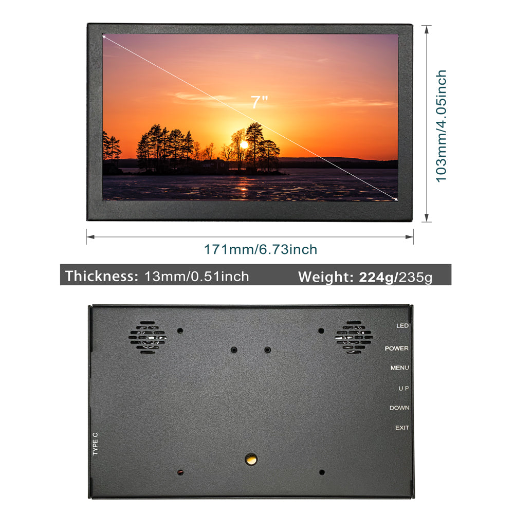 LESOWN P70D 7 inch USB C Monitor 1024x600 Small Portable Monitor Widescreen LCD Extension Display