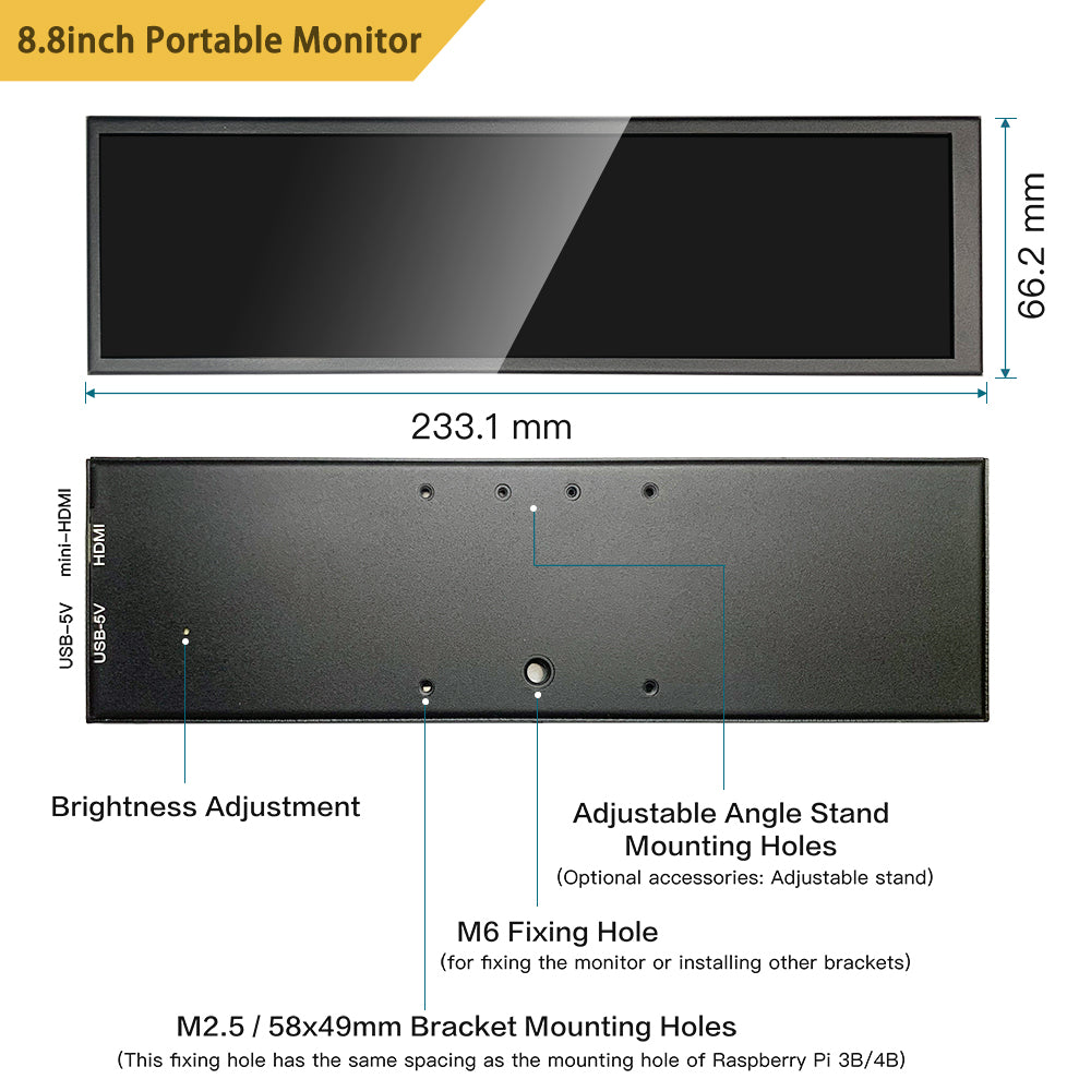 LESOWN P88 8.8 inch Streched Bar LCD Display IPS 480x1920 Hdmi Portable Monitor Laptop PC Screen Extender
