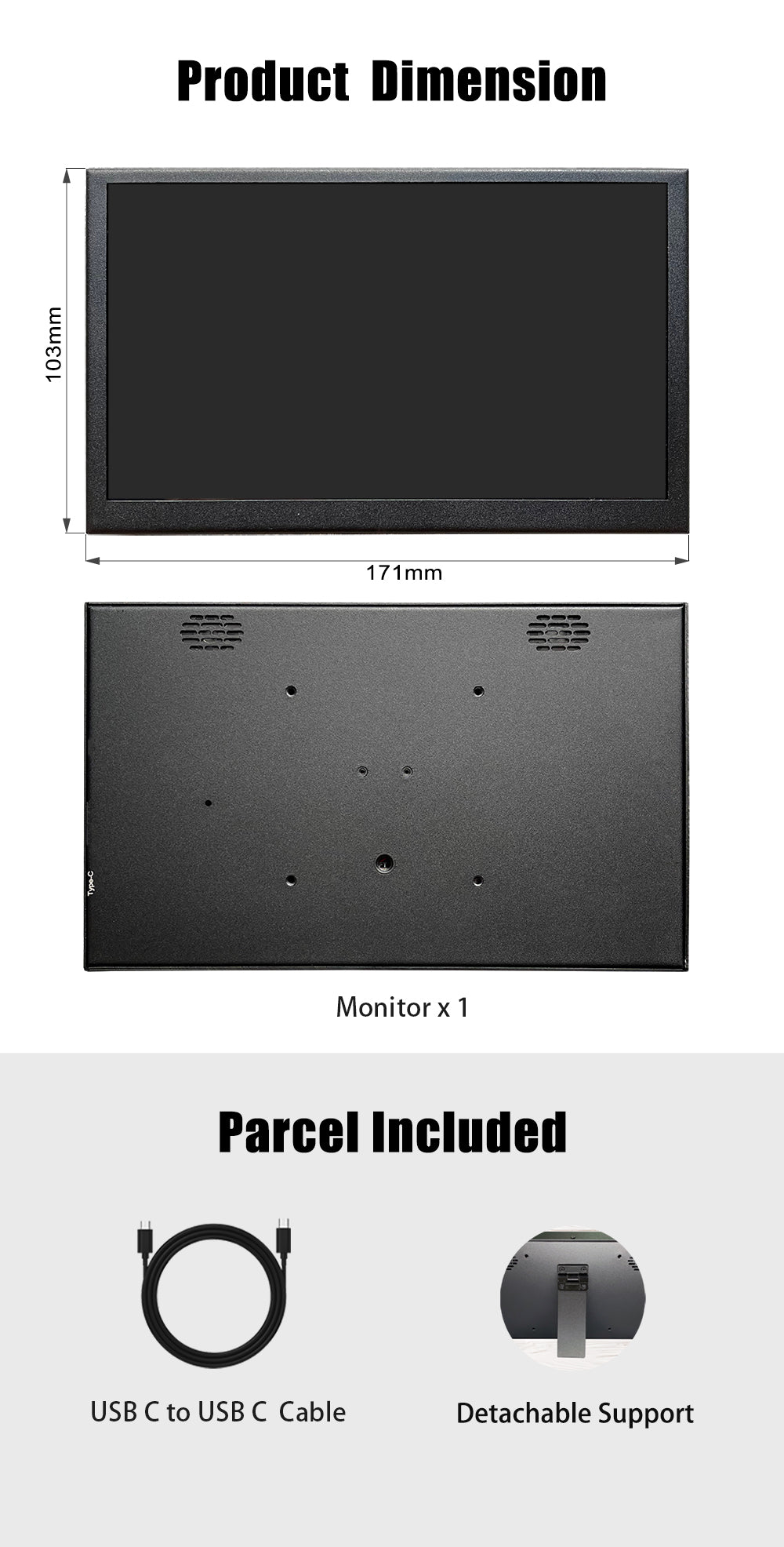 LESOWN P70D-T USB C 7 inch Monitor LCD Touch Display IPS 1024x600 Small Portable Monitor